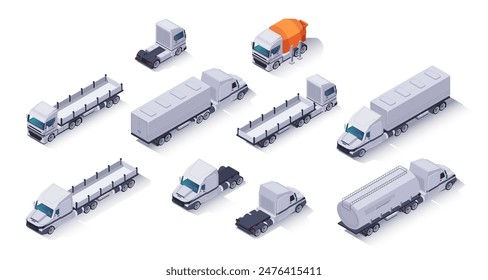 Isometric trucks set. Distribution vehicles icons, shipping and global logistics transport. Delivery trucks and commercial cars with trailer. 3D vector collection isolated on white background