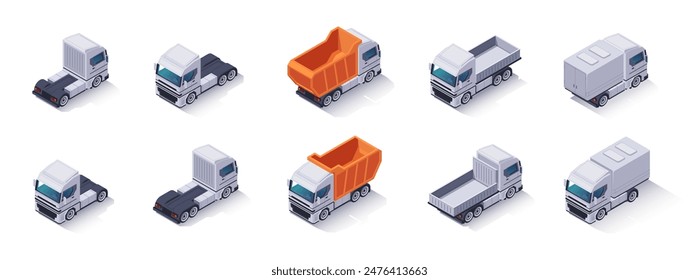 Conjunto de camiones isométricos. Iconos de vehículos logísticos con contenedores para entrega y envío de carga. Camiones de descarga y transporte de carga comercial. colección de Vector 3D aislada sobre fondo blanco