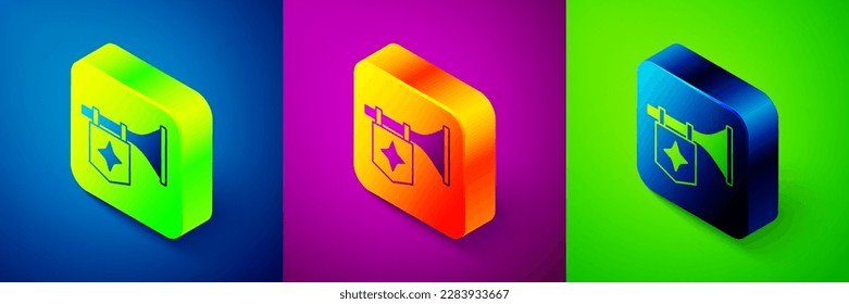 Isometric Trumpet with flag icon isolated on blue, purple and green background. Musical instrument trumpet. Square button. Vector