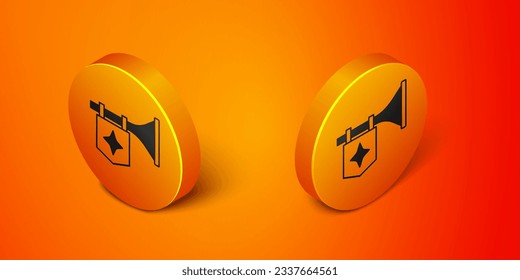 Isometric Trumpet with flag icon isolated on orange background. Musical instrument trumpet. Orange circle button. Vector