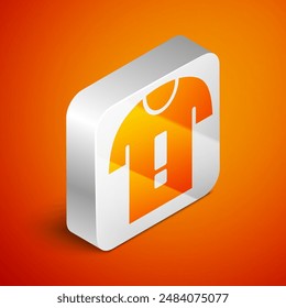 Isometric T-shirt protest icon isolated on orange background. Silver square button. Vector