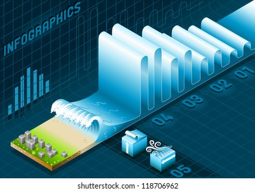 Isometric Tsunami Data Wave Information Flood Graph Inundation Marine Wave Infographic Terrain Water Set Climate Damage Disaster Diagram. Tsunami Isometric Wave Data Information Graph Flood Inundation