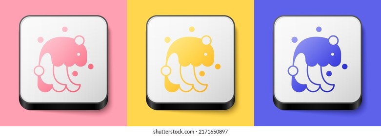 Isometric Tsunami icon isolated on pink, yellow and blue background. Flood disaster. Stormy weather by seaside, ocean or sea wave or tsunami. Square button. Vector