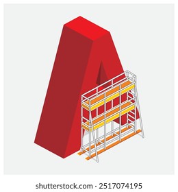 Andaimes tubulares isométricos com letra A forma de estrutura vetorial ilustração. Tubos de aço conectados por acopladores para falsework e plataformas de trabalho. Equipamento de construção para trabalhos em altura.