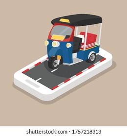 Isometric tuk tuk  on the mobile phone