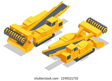 Isometric tunneling drilling rigs, self-propelled drilling rigs. Bucket-wheel excavator, heavy equipment used in surface mining. Mining quarry, mine