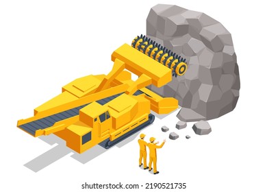 Isometric tunneling drilling rigs, self-propelled drilling rigs. Bucket-wheel excavator, heavy equipment used in surface mining. Mining quarry, mine