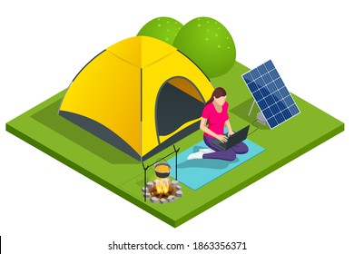 Isometric turistic camp or campground with tent and campfire. The girl works on a laptop, which is connected to a solar battery. Renewable energy sources. Backup power energy storage system.