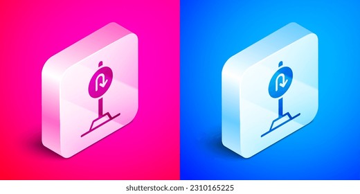 Isometric Turn back road icon isolated on pink and blue background. Traffic rules and safe driving. Silver square button. Vector