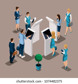 Isometric turn of customers near ATMs, self-service cashier, customers of the city bank, bank employees.