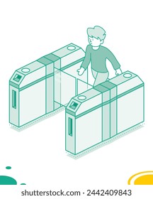 Isometric turnstile. Man passes through the turnstile. Subway station or airport security element. Entrance gates. Vector illustration. Access control equipment. Outline design element.