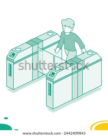 Isometric turnstile. Man passes through the turnstile. Subway station or airport security element. Entrance gates. Vector illustration. Access control equipment. Outline design element.