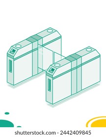 Isometric turnstile. Subway station or airport security element. Entrance gates. Vector illustration. Access control equipment. Outline design element.