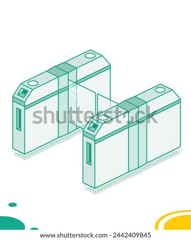 Isometric turnstile. Subway station or airport security element. Entrance gates. Vector illustration. Access control equipment. Outline design element.