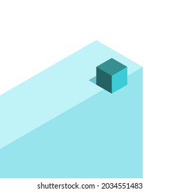 Isometric turquoise blue cube on the edge of cliff or pedestal. Minimalism art, danger, risk and uncertainty concept. Flat design. EPS 8 vector illustration, no transparency, no gradients