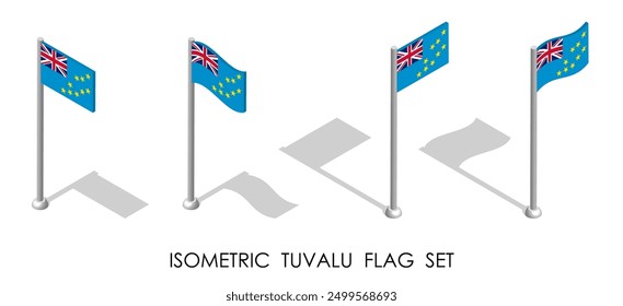 Isometric Tuvalu flag in static position and in motion on flagpole. Tuvalu map pin mark. 3d vector isolated on white background