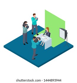 Isometric TV host filmed on chroma key vector illustration. Television camera equipment, video shooting isometric