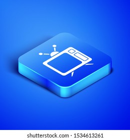 Isometric Tv icon isolated on blue background. Television sign. Blue square button. Vector Illustration