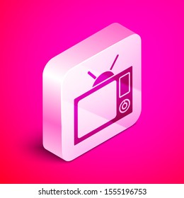 Isometric Tv icon isolated on pink background. Television sign. Silver square button. Vector Illustration
