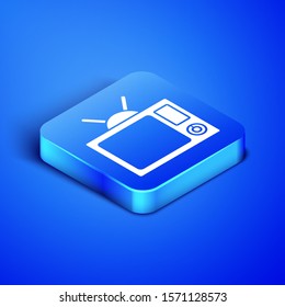 Isometric Tv icon isolated on blue background. Television sign. Blue square button. Vector Illustration