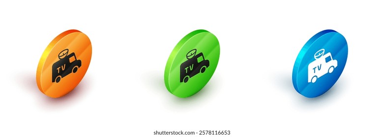 Isometric TV News car with equipment on the roof icon isolated on white background. Circle button. Vector