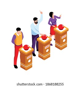 Isometric tv quiz composition with people at tables with answer red buttons vector illustration