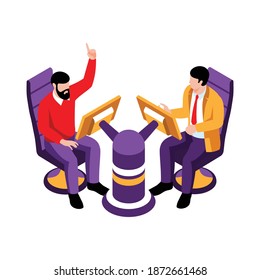 Isometric Tv Quiz Composition With Sitting Host And Guest At Computer Screens Vector Illustration