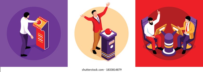 Isometric tv quiz design concept with round compositions of human characters making guess and pushing buttons vector illustration