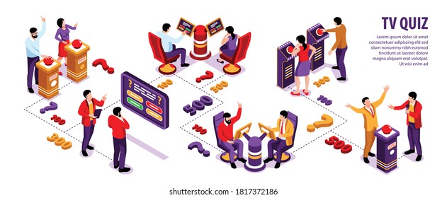 Isometric tv quiz infographics with characters of players scene elements screens and buttons with editable text vector illustration