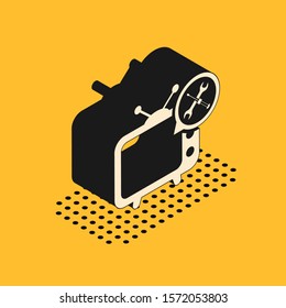 Isometric Tv with screwdriver and wrench icon isolated on yellow background. Adjusting, service, setting, maintenance, repair, fixing.  Vector Illustration