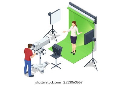 Isometric TV studio. Expert Talk Politics, Science, News, Entertainment. Show production maker.