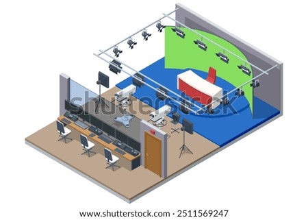 Isometric TV studio. NEWS studio with light equipment ready for recordind release.