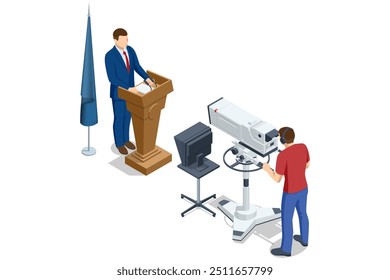 Isometric TV studio. Politician Addresses an Election Campaign Rally. Expert Talk Politics, Science, News, Entertainment. Show production maker.