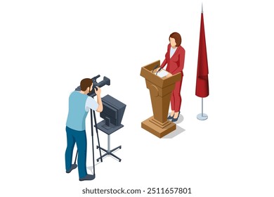 Isometric TV studio. Politician Addresses an Election Campaign Rally. Expert Talk Politics, Science, News, Entertainment. Show production maker.