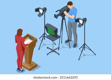 Isometric TV studio. Politician Addresses an Election Campaign Rally. Expert Talk Politics, Science, News, Entertainment. Show production maker.