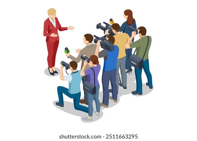 Isometric TV studio. Politician Addresses an Election Campaign Rally. Expert Talk Politics, Science, News, Entertainment. Show production maker.