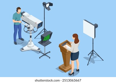 Isometric TV studio. Politician Addresses an Election Campaign Rally. Expert Talk Politics, Science, News, Entertainment. Show production maker.