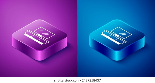 Isometric TV table stand icon isolated on blue and purple background. Square button. Vector