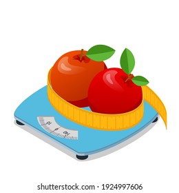 Isometric two apples lie on a scale and measurement tape. Healthy food and Diet planning concept. Healthy eating, personal diet or nutrition plan from dieting expert.