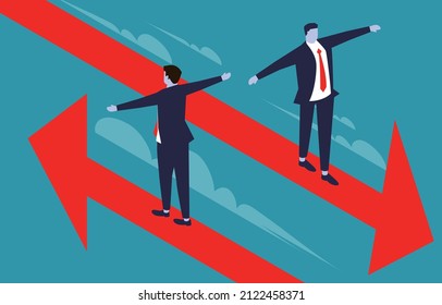 Isometric Two Businessmen Walking Forward In Opposite Arrow Directions