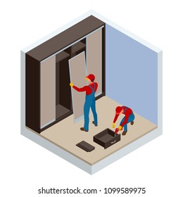 Isometric two carpenters workers joint and settle home built-in cupboard. Installation of white corner sliding wardrobe vector illustration