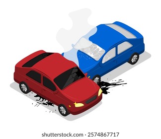 Isometric two cars collided In car accident on road. Consequences of inattentive driving and violation of traffic rules. Aerial view 3D vector isolated on white background