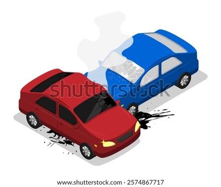 Isometric two cars collided In car accident on road. Consequences of inattentive driving and violation of traffic rules. Aerial view 3D vector isolated on white background
