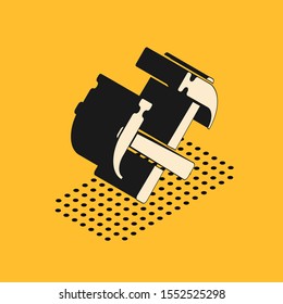 Isometric Two crossed hammers icon isolated on yellow background. Tool for repair.  Vector Illustration