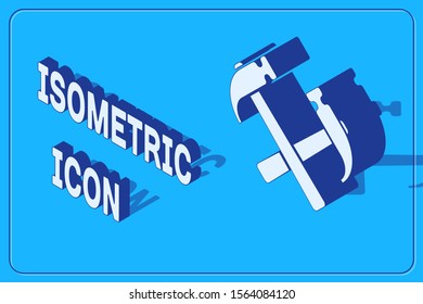 Isometric Two crossed hammers icon isolated on blue background. Tool for repair.  Vector Illustration