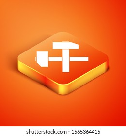 Isometric Two crossed hammers icon isolated on orange background. Tool for repair.  Vector Illustration