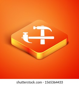 Isometric Two crossed hammers icon isolated on orange background. Tool for repair.  Vector Illustration