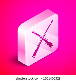 Isometric Two crossed shotguns icon isolated on pink background. Hunting gun. Silver square button. Vector Illustration