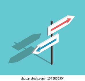Isometric two directions sign with arrows on turquoise blue background. Choice, uncertainty, guidance and decision concept. Flat design. EPS 8 vector illustration, no transparency, no gradients