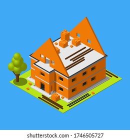 Isometric two floors building construction in process flat vector icon isolated on blue background.